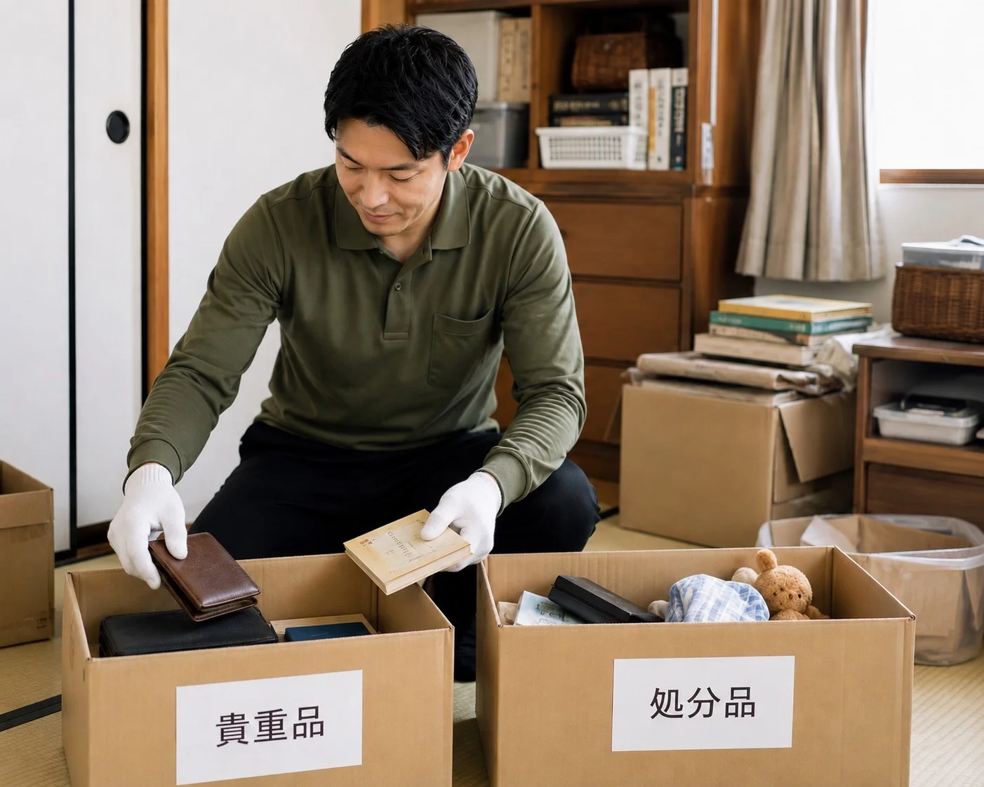 貴重品と処分品に仕分けた段ボール箱