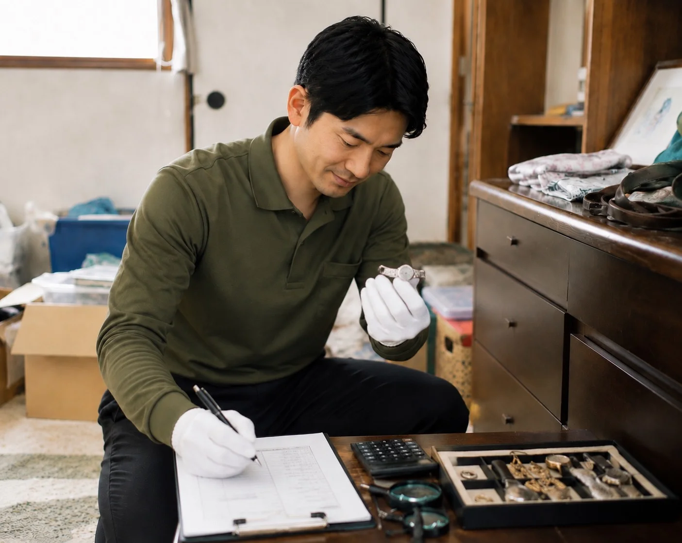 白手袋で遺品を査定する作業員