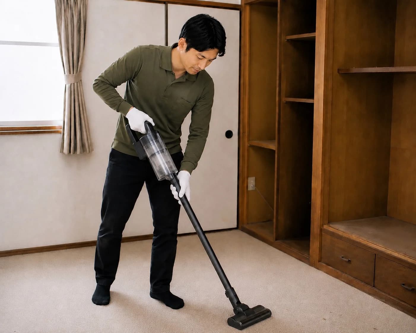 作業後に床を清掃する作業員